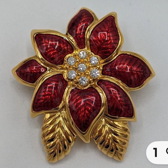 Monet Jewelry - Monet Red and Gold Rhinestone Poinsettia Brooch